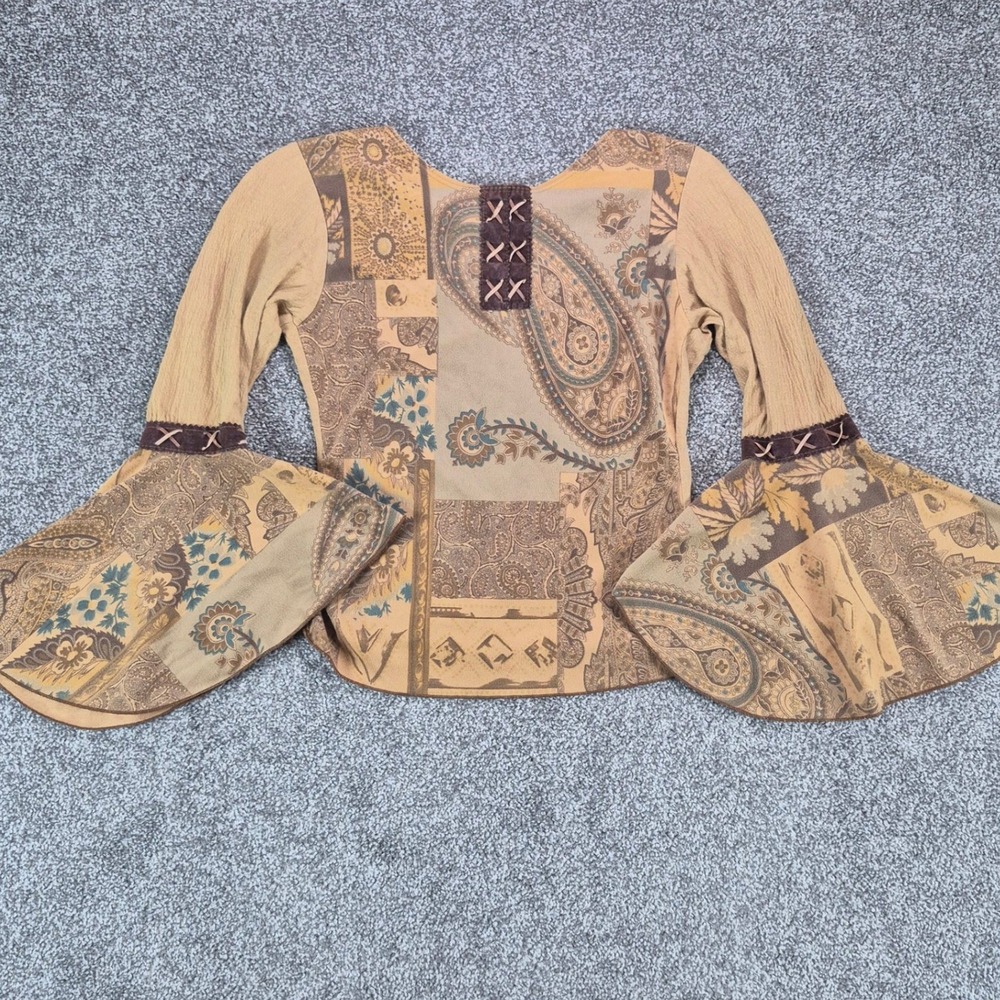Bohemian Bell Sleeve Top Womens Small Brown Paisley Hippie Boho